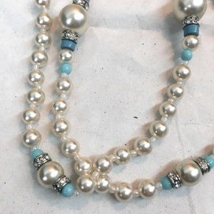 Pearl, Turquoise and Crystal Necklace - 42”